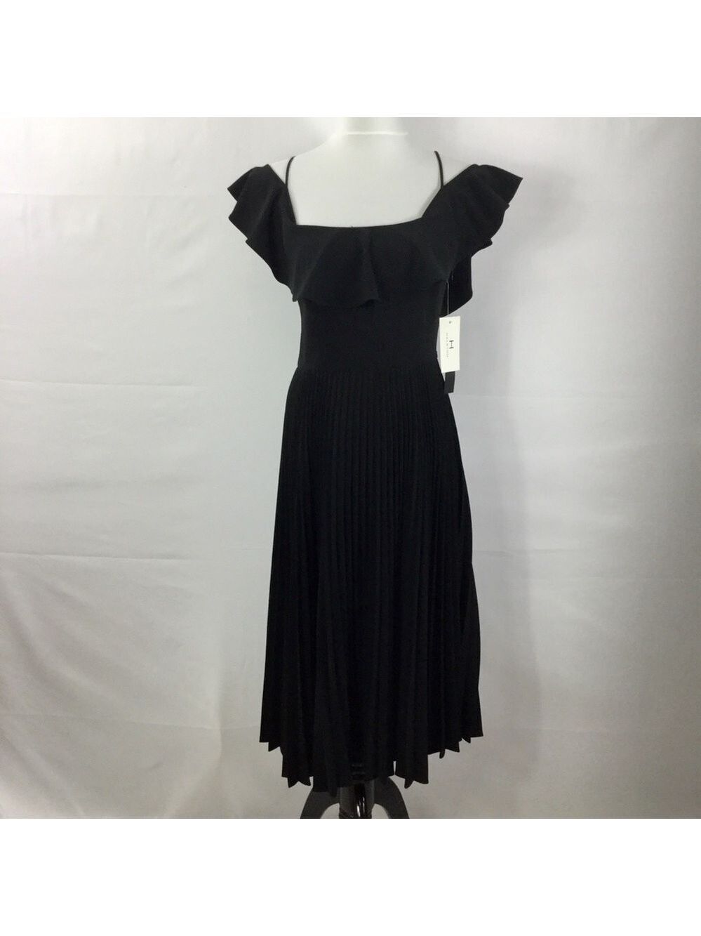 H Halston Black Flutter Sleeve Pleated Skirt Midi Dress Size 4 NWT